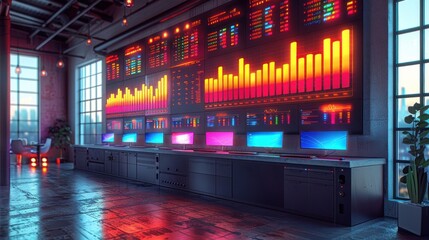 Fototapeta premium A futuristic control room with a large screen displaying data visualizations, glowing in neon colors.