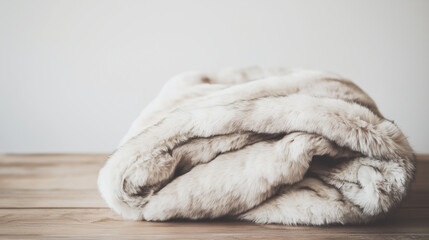 A plush faux fur blanket in soft beige gently rests on a smooth wooden surface,evoking a sense of comfort and warmth in a tranquil environment,copy space
