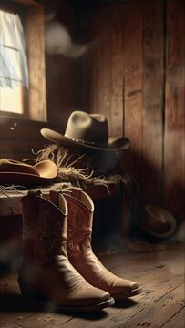 A hat and a pair of cowboy boots in a room. Seamless 4K looping timelapse video animation background