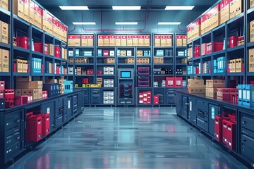 A large warehouse with shelves full of boxes and supplies.