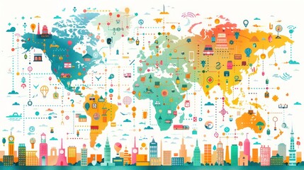 A colorful world map with icons representing different aspects of life, culture, and technology.