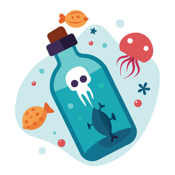 recommend clip art: Underwater jellyfish and glass bottle vector illustration isolated on a white background