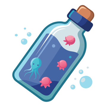 recommend clip art: Underwater jellyfish and glass bottle vector illustration isolated on a white background
