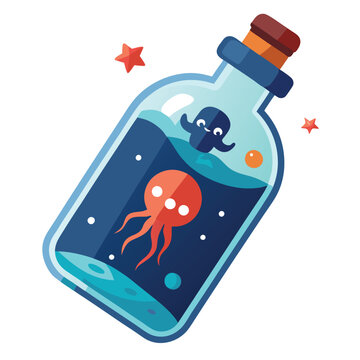 recommend clip art: Underwater jellyfish and glass bottle vector illustration isolated on a white background