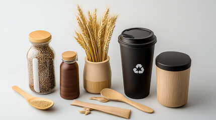 Sustainable kitchen items arranged aesthetically, featuring variety of containers, wheat straw cup, and natural elements. This minimalist setup emphasizes eco friendliness and modern design