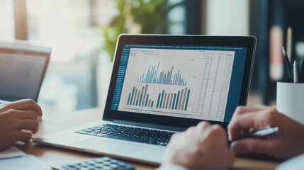 Analyzing data on laptop with financial graphs and charts