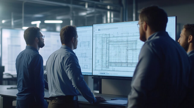 Collaborative engineering team analyzing project blueprints on large screen