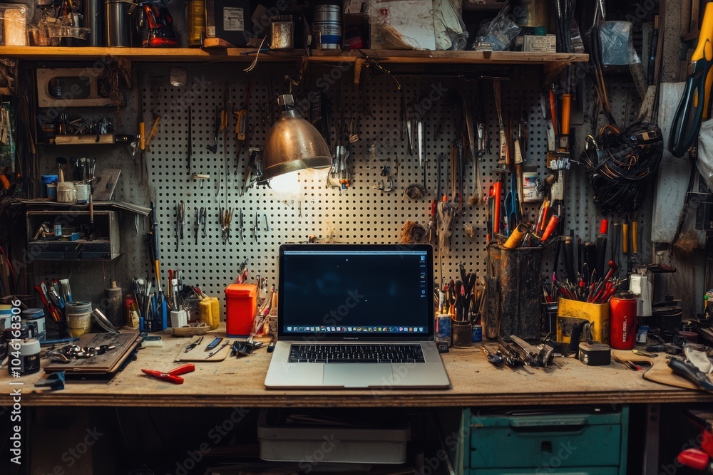 Aufkleber a workspace features a laptop on a wooden bench, surrounded by various tools and equipment, illumina