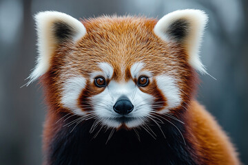 Close-up of a red panda's reddish-brown fur, with distinctive white markings.