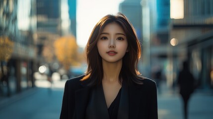 Obraz premium Beautiful young model looking Asian woman in black clothes in the street of a big city. Urban luxury fashion concept