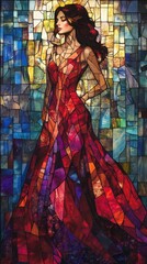 Stained glass artwork featuring a woman in a flowing red dress, set against a colorful mosaic background, evoking elegance and artistry.