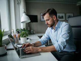 Focused Professional Working on Laptop in Modern Office Environment
