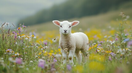 Obraz premium Lovely Lamb - Lamb standing in a field of wildflowers