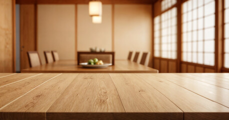 Fototapeta premium Empty wooden table blurred background interior japanese restaurant