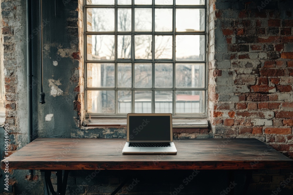 Leinwandbilder a clean and simple workspace is set up with a laptop on a wooden table, surrounded by a rustic brick