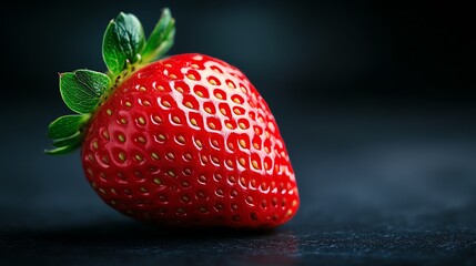Fresh strawberry on a dark background, vibrant colors and textures.