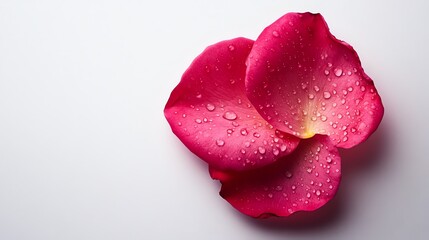 Single pink rose petal with water droplets on a white isolated background.