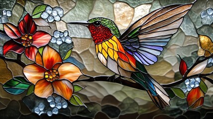 Stained glass artwork depicting a vibrant hummingbird perched near flowers, showcasing intricate patterns and vivid colors.
