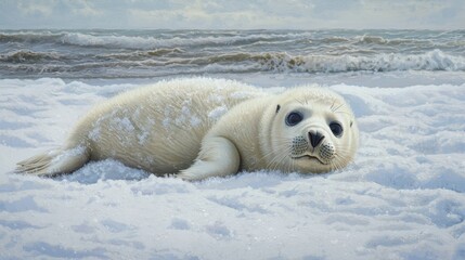 Obraz premium Friendly Seal Pup - Seal pup resting on a snowy beach