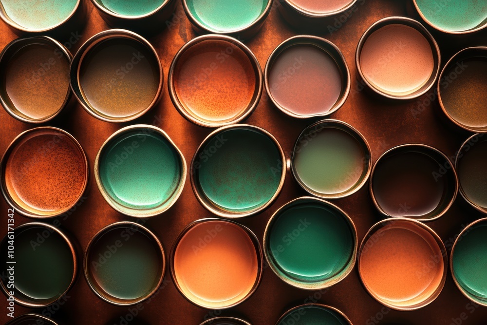 Poster a collection of circular tea cups in warm brown and green tones are arranged closely, inviting a cal