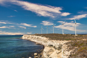 Wind turbines for sustainable energy production in Bozcaada, Turkey.