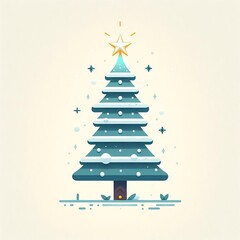 Flat, isolated illustration of a festive Christmas tree adorned with colorful ornaments, lights, and a shining star on top. The tree has a classic triangular shape and vibrant green branches. 