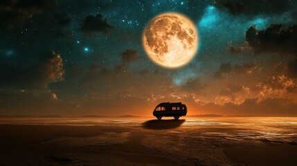 A tranquil scene featuring a silhouetted vehicle against a vibrant night sky illuminated by a large moon, creating a surreal and dreamlike atmosphere.