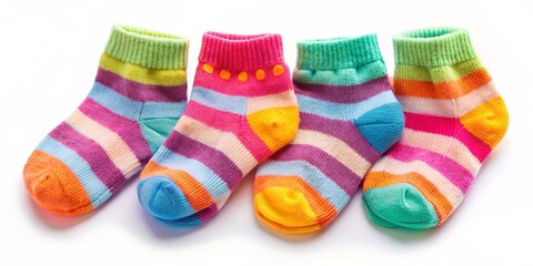 A vibrant quartet of colorful striped socks, each a unique blend of hues, rest upon a pristine white backdrop, their contrasting textures and patterns offering a playful visual delight.