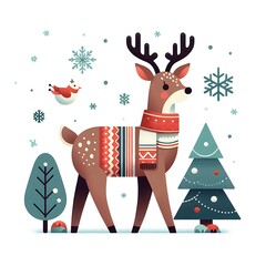 Fototapeta premium Flat, isolated illustration of a standing reindeer with large antlers. The design features smooth lines, a neutral brown color, and a simple yet elegant profile, evoking holiday themes.