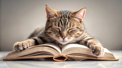 A tabby cat with closed eyes rests peacefully on a book, its paws gently resting on the pages, creating a cozy and tranquil scene.