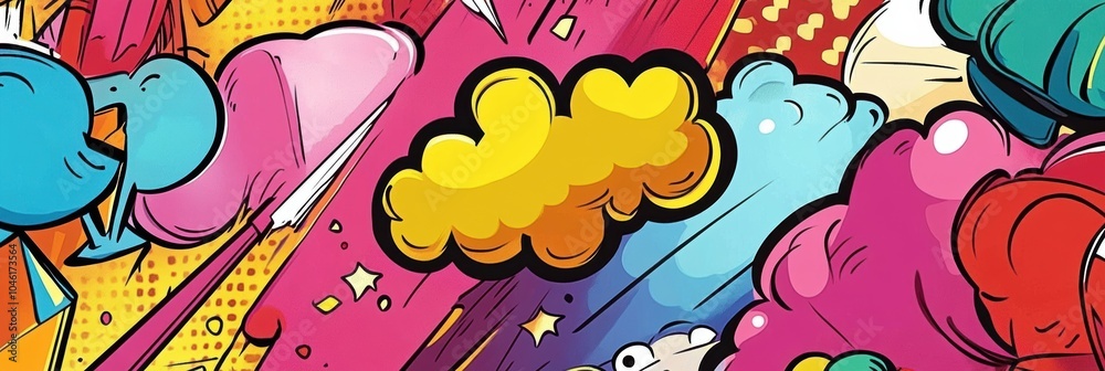 Poster a lively composition of colorful doodles showcasing fun speech bubbles and explosive sound effects i