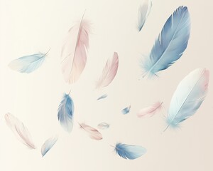 A pastel illustration of floating feathers in soft blues and pinks 