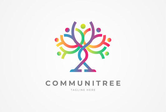 People logo design. Community human  human form a tree with with the up arrow below combination as a symbol of growth. people logo design template. vector illustration
