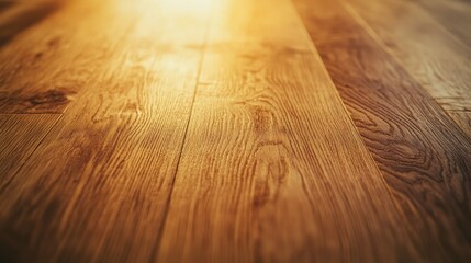 A close-up of the slightly dark wooden table surface showcases the beautiful natural wood grain, bathed in warm afternoon natural light. Looking down at the desktop from above and angle,