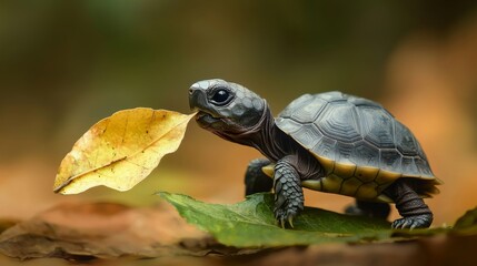 Obraz premium Tiny Tortoise - Baby tortoise munching on a leaf