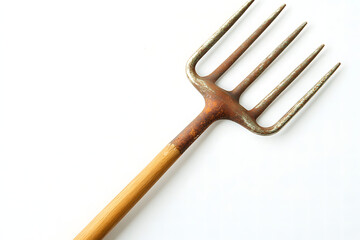 A clean and simple pitchfork with a wooden handle, isolated on a white background. Ideal for farming, ranching, or agricultural-related visuals.