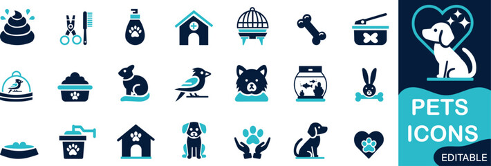 Pets icon set Solid flat vector icons collection