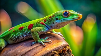 Fototapeta premium A Vibrant Green Lizard with Red Dots, Perched on a Rough-Textured Wooden Branch, Its Bright Blue Eye Captivatingly Focused on the Unknown