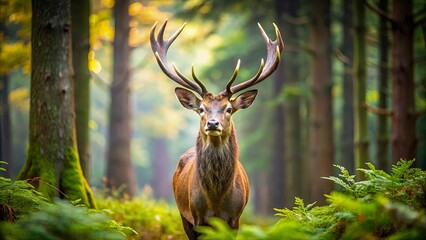 Naklejka premium A Majestic Red Deer Stands Proudly Among the Lush Green Ferns in a Sun-Dappled Forest