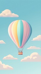 Fototapeta premium A single hot air balloon in pastel hues floating in a clear sky, surrounded by soft clouds. 