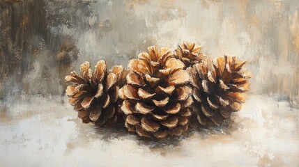 Retro pine cone oil painting, showcasing the charm of simplicity, with soft tones and soft lighting against a neutral background. Highlighting natural textures and exquisite details