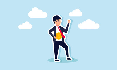 A businessman opens his suit, revealing a bitcoin symbol, illustration of showcasing portfolio and the amount of bitcoin assets owned