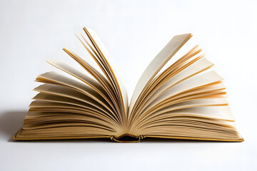 Fototapeta premium An open book with crisp white pages laid flat on a white background. Simple and clean, ideal for education or learning themes.