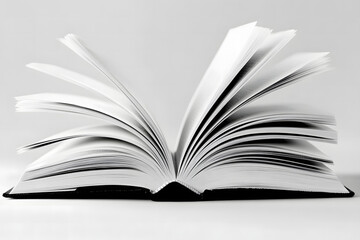 Fototapeta premium An open book with crisp white pages laid flat on a white background. Simple and clean, ideal for education or learning themes.