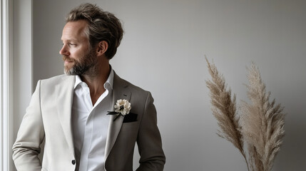 A stylish man wearing a light suit and a flower boutonniere poses by the window in a modern indoor setting during daylight hours