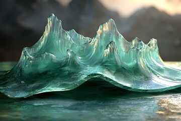 A stunning translucent sculpture resembling ocean waves, captured in a serene setting with soft, diffused lighting that enhances its intricate details and texture.