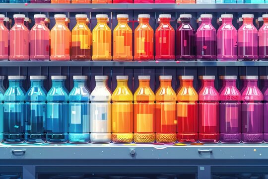 A colorful array of glass bottles filled with different liquids on shelves in a supermarket.