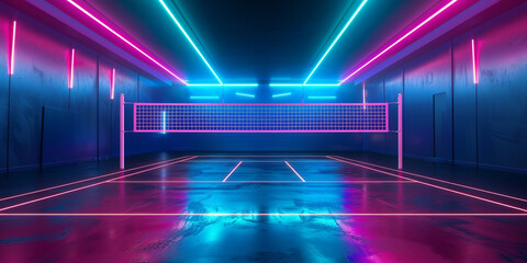 a room with a net and neon lights, Stylish Room with a Net and Colorful Neon Accents, 