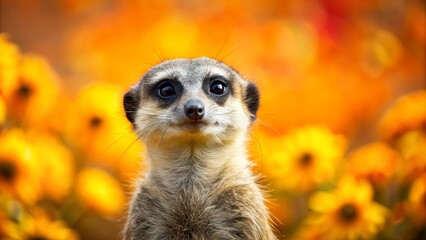 Fototapeta premium A curious meerkat with black eyes stands alertly before a backdrop of vibrant yellow blossoms, bathed in the soft glow of the setting sun.