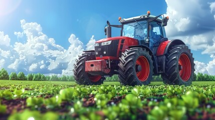 Obraz premium Red tractor driving through a field of green crops on a sunny day.